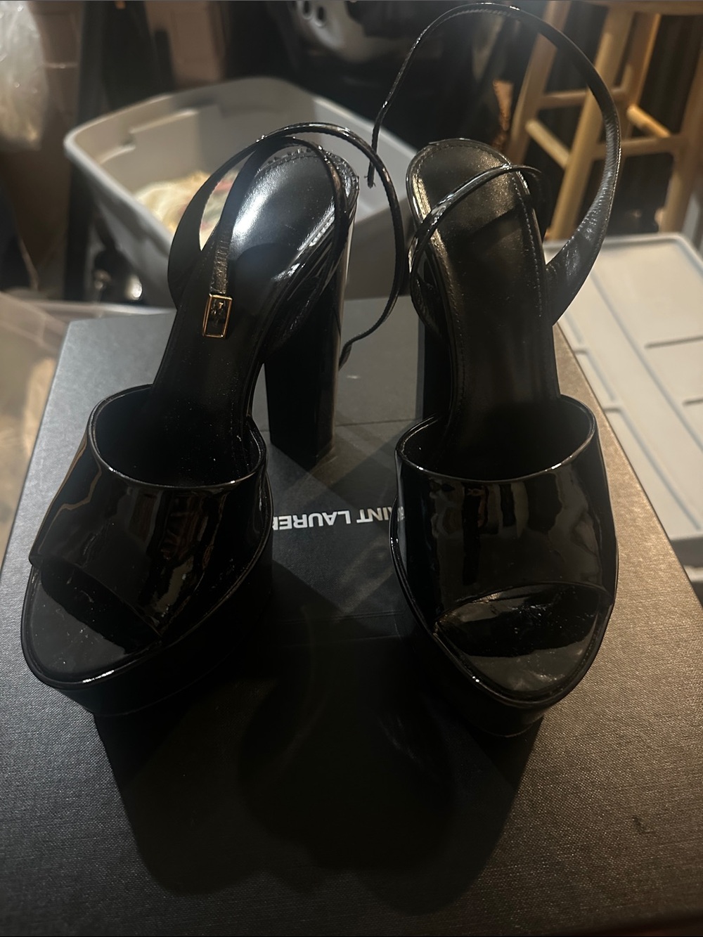 Saint Laurent Black Patent Leather Platform Slingback Heels